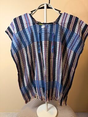 Handwoven Mexican Blue Striped Women’s Pullover Top